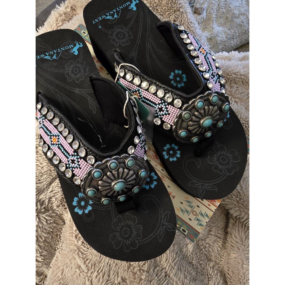 Montana West Wedge Flip Flop Sandals Turquoise Black Aztec Beaded Bling Womens 7
